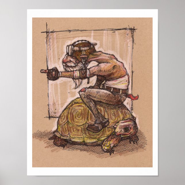 Man riding a turtle drawing poster (Front)
