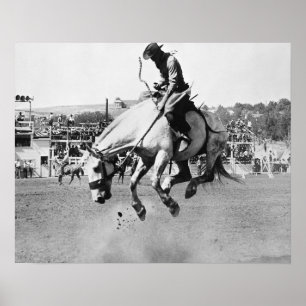 Man riding bucking horse in rodeo poster