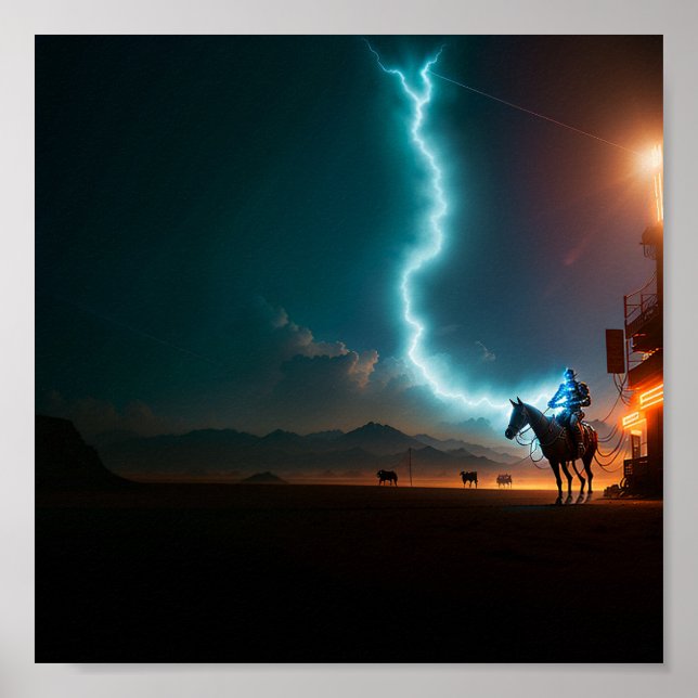 Man Riding Horse Under Lightning Bolt Poster (Front)