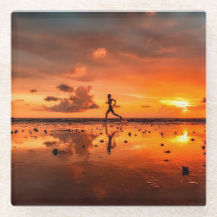 Man Running on Beach at Sunset Glass Coaster