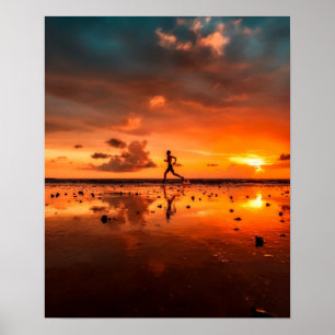 Man Running on Beach at Sunset Poster