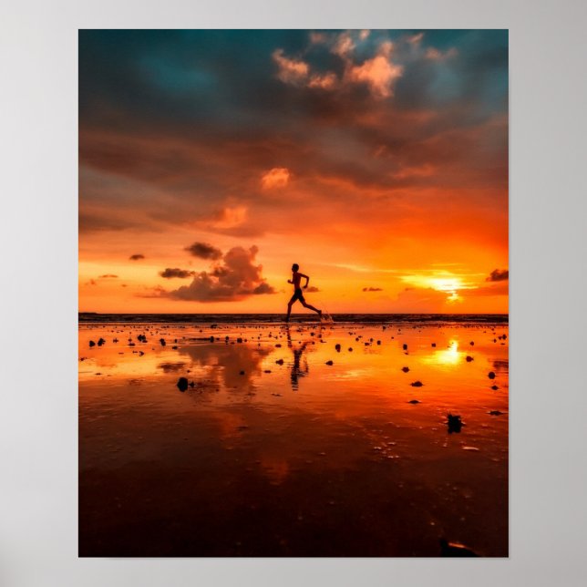 Man Running on Beach at Sunset Poster (Front)