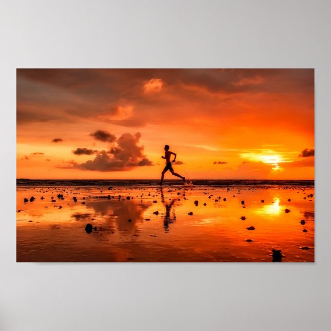 Man Running on Beach at Sunset Poster (Front)
