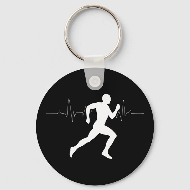 Man Running Runners Silhouette HeartBeat Line  Key Ring (Front)