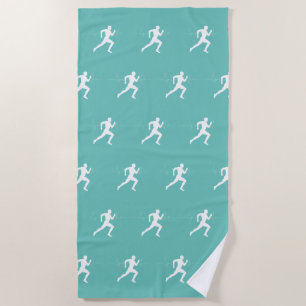 Man Running Runners Silhouette HeartBeat Line Mint Beach Towel