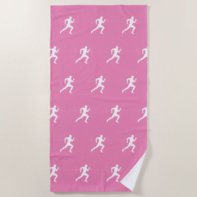 Man Running Runners Silhouette HeartBeat Line Pink Beach Towel (Front)