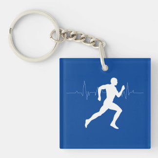 Man Running Runners Silhouette on Blue Background Key Ring