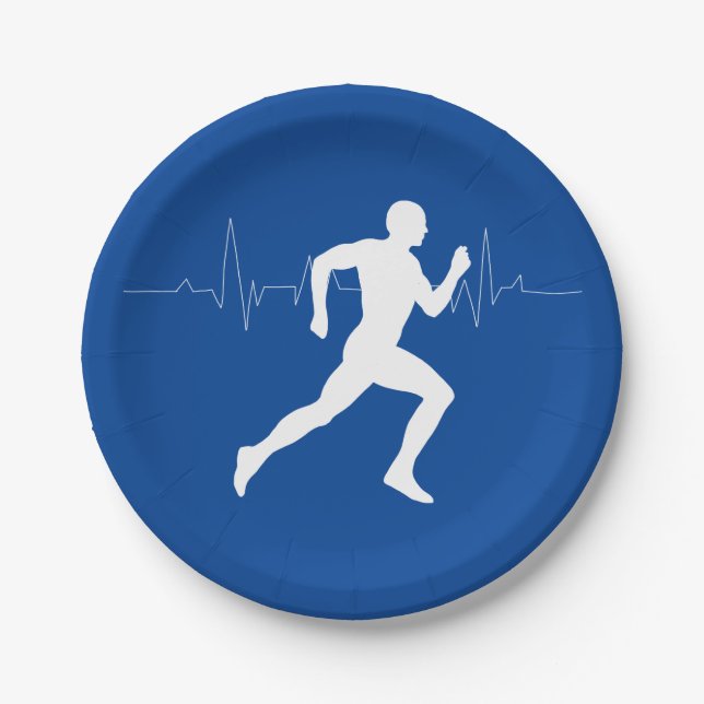 Man Running Runners Silhouette on Blue Background  Paper Plate (Front)