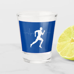 Man Running Runners Silhouette on Blue Background Shot Glass