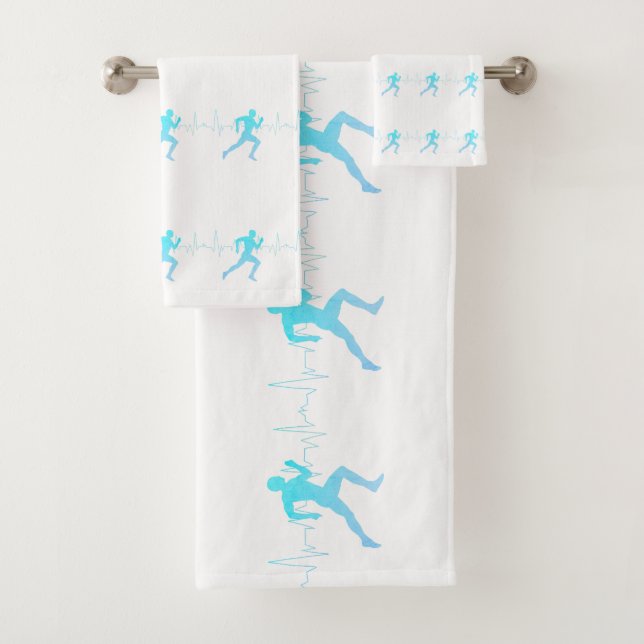 Man Running Silhouette Gradient & Heartbeat Blue Bath Towel Set (Insitu)