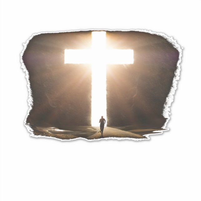 Man Running To Glowing Christian Cross of Jesus (Front)