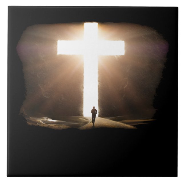 Man Running To Glowing Christian Cross of Jesus Ceramic Tile (Front)