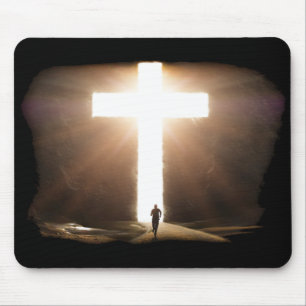 Man Running To Glowing Christian Cross of Jesus Mouse Pad