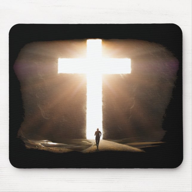 Man Running To Glowing Christian Cross of Jesus Mouse Pad (Front)