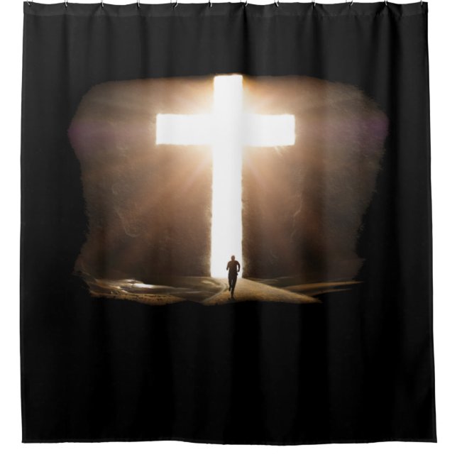 Man Running To Glowing Christian Cross of Jesus Shower Curtain (Front)
