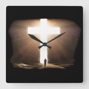 Man Running To Glowing Christian Cross of Jesus Square Wall Clock