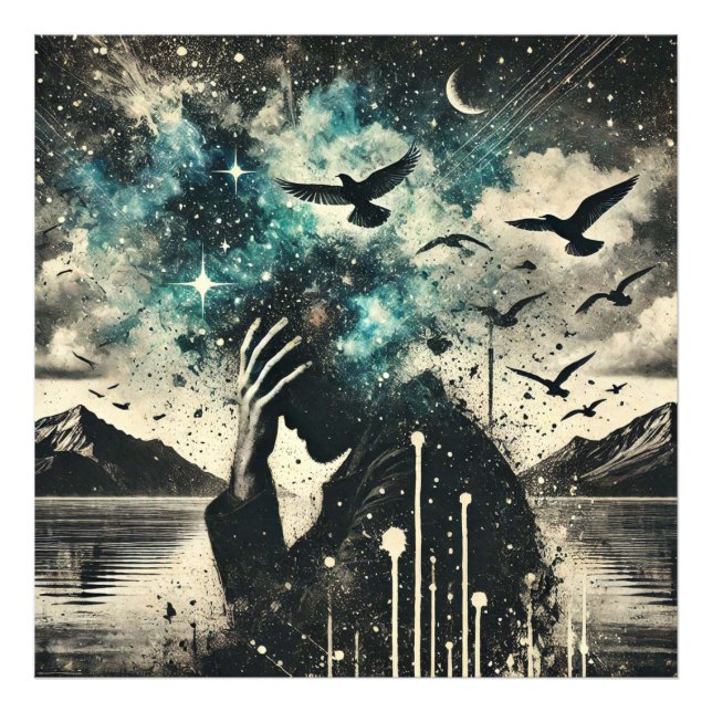 Man’s Head in Hands with Starry Sky, Flying Birds Photo Print (Front)