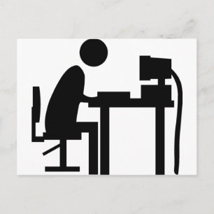 Man sat at a computer. postcard