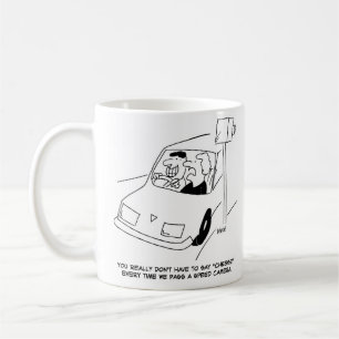 Man says "cheese" passing a speed camera coffee mug
