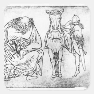 Man seated, Knight mounting his horse Square Sticker