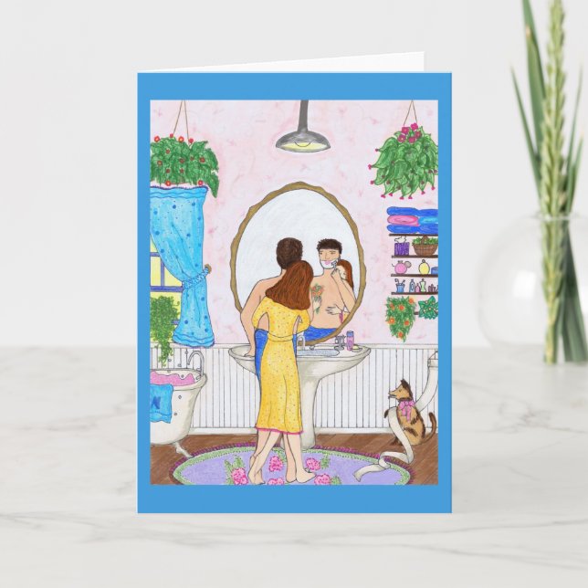 Man Shaving in Bathroom Wife, Dog Greeting Card (Front)