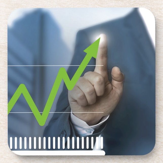 Man showing stock price touchscreen concept coaster (Front)