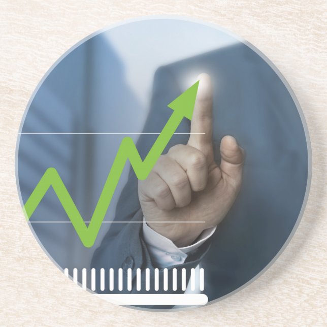 Man showing stock price touchscreen concept coaster (Front)