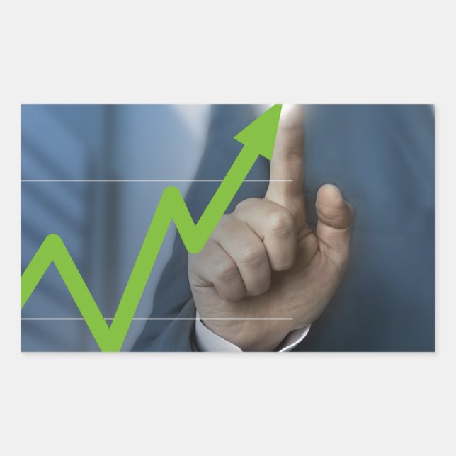 Man showing stock price touchscreen concept rectangular sticker (Front)