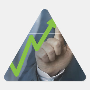 Man showing stock price touchscreen concept triangle sticker