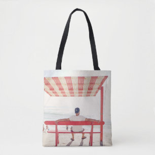 Man sitting on bench near beach tote bag