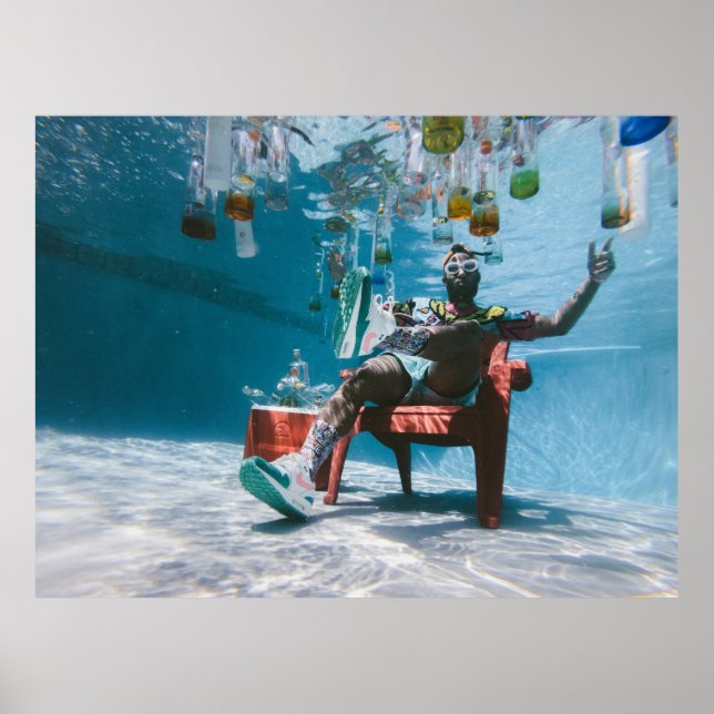 Man sitting on chair underwater with floating bott poster (Front)