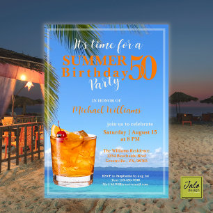Man Summer Ocean Cocktail 50th Birthday Party Invitation