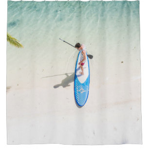 Man surfing on beach shower curtain