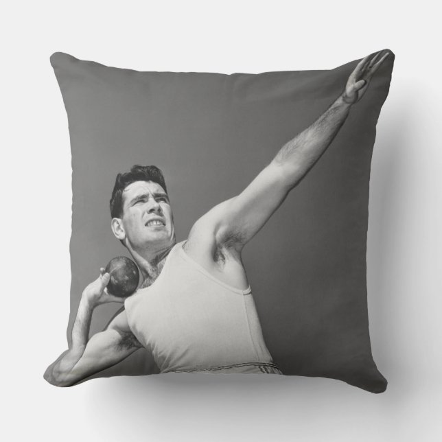 Man Throwing Shotput Cushion (Front)