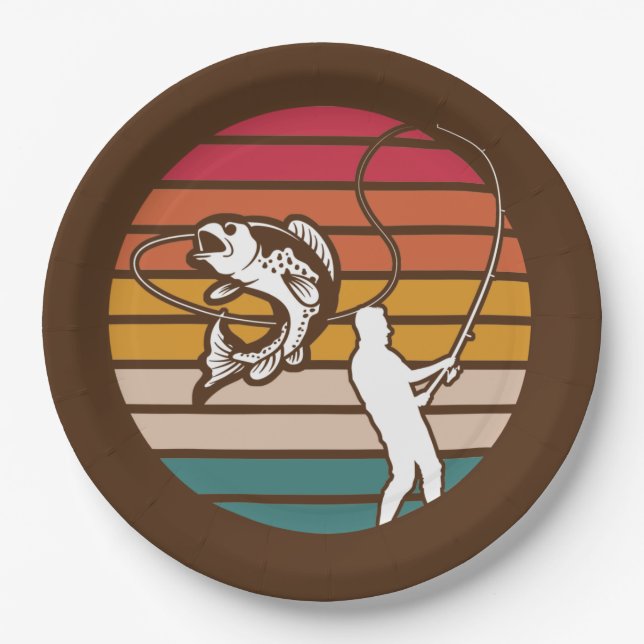Man Trout Fiashing Retro Sunset Plates (Front)