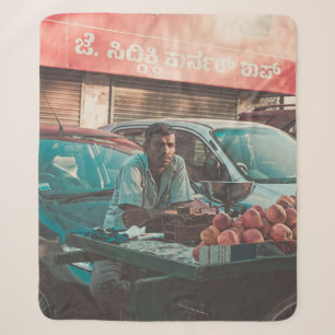 MAN VENDING APPLES NEAR PARKED CARS SHERPA BLANKET