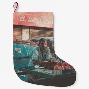 MAN VENDING APPLES NEAR PARKED CARS SMALL CHRISTMAS STOCKING