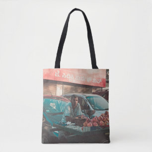 MAN VENDING APPLES NEAR PARKED CARS TOTE BAG