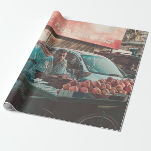 MAN VENDING APPLES NEAR PARKED CARS WRAPPING PAPER