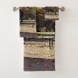 Man Walking Dog in Autumn Park Bath Towel Set