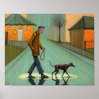 Man Walking Dog In Rain Poster