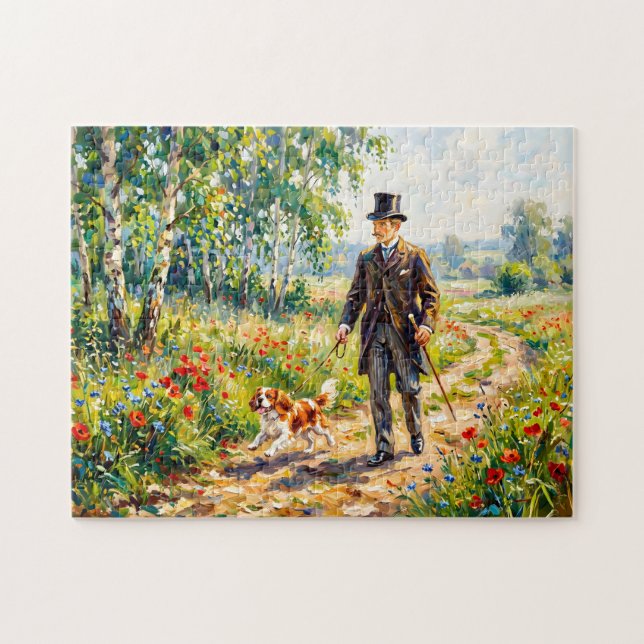Man Walking Field Path with Cavalier Spaniel Jigsaw Puzzle (Horizontal)