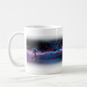 Man Walking Into Neon Digital Wave Field Mug