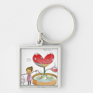 Man watering a potted plant key ring