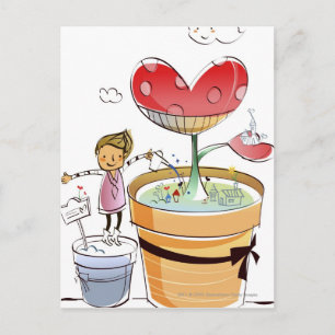 Man watering a potted plant postcard