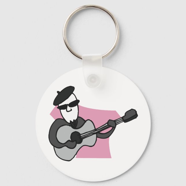 Man Wearing Beret Playing Acoustic Guitar Key Ring (Front)
