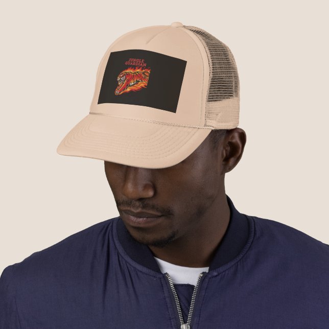 Man wearing Trucker Hat with tiger guardian design (In Situ)