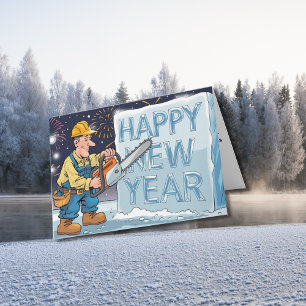 Man wearing work outfit carving ice new years card