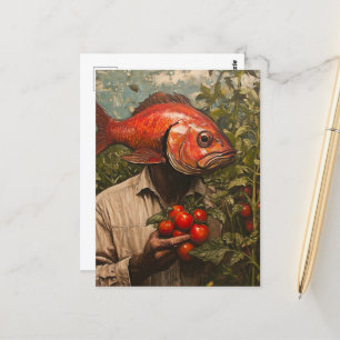Man with a Fish For a Head in a Tomato Garden Postcard