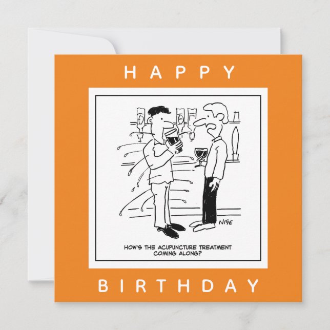 Man with Acupuncture Treatment in Pub Cartoon Card (Front)